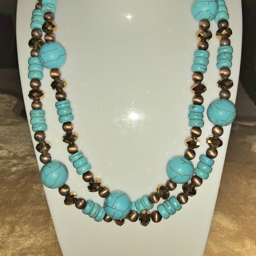Turquoise Bead Necklace with Bronze Accents - Women Jewelry - Picture 2 of 4